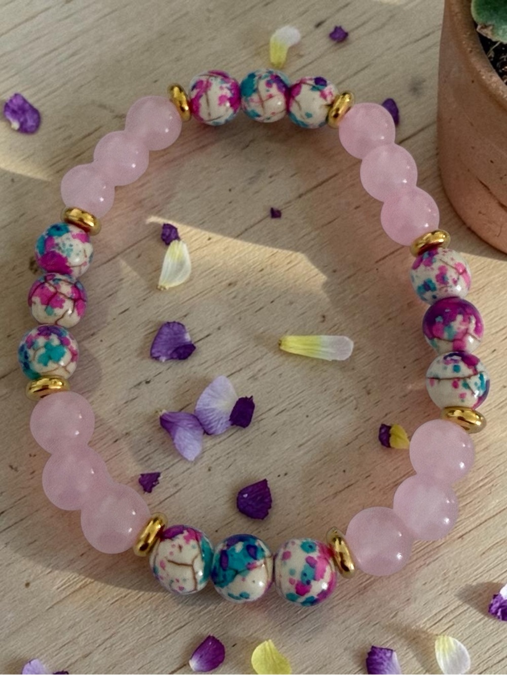 Pink Rose Quartz & Colorful Splatter Bead Stretch Bracelet